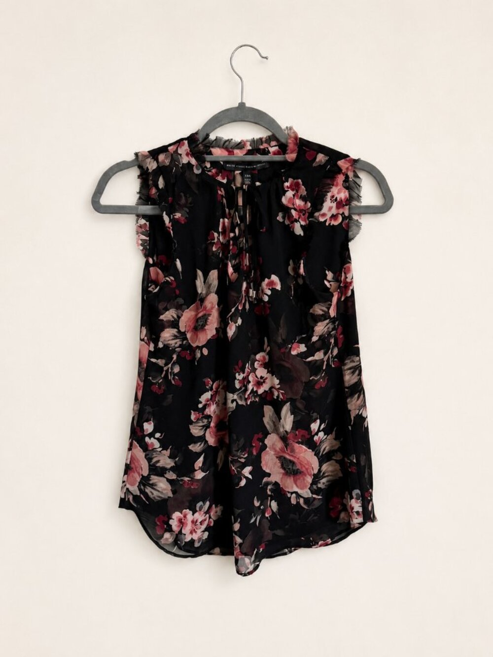White House Black Market Floral Ruffle Tie-Neck Blouse Black Pink XXS